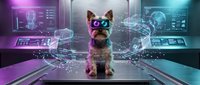 Small dog wearing futuristic VR goggles sits on metallic surface surrounded by holographic displays and digital interfaces in cyberpunk laboratory setting.