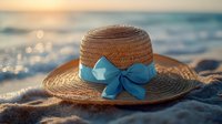 Straw sun hat with blue ribbon bow resting on sandy beach at golden sunset. Summer vacation accessory for tropical getaway and seaside relaxation moments.