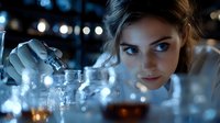 Young female scientist in laboratory examining test tubes with amber liquid against dark background with bokeh lights, conducting research experiment.