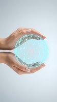 Hands holding glowing turquoise digital globe with connected network lines, representing global technology, data connectivity, and worldwide business innovation for digital transformation concepts.