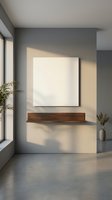 Modern minimalist living room interior with blank canvas artwork above floating wooden shelf, natural sunlight creating warm shadows on gray walls.