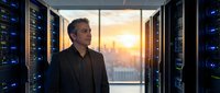 Professional Caucasian male IT administrator standing in modern server room with city skyline view at sunset. Technology infrastructure and data center concept.