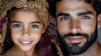 Middle Eastern father and daughter portrait showing loving bond, bright blue eyes, traditional gold headpiece, bearded man, close-up faces expressing joy and connection.