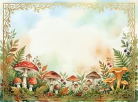 Watercolor forest floor scene with mushrooms and ferns creating decorative border frame on textured paper background for nature-themed designs and botanical projects.