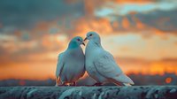 Two white doves touching beaks against dramatic orange and blue sunset sky, romantic moment captured in soft dreamy lighting, symbolizing peace and love.