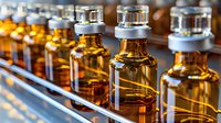 Amber glass bottles with silver caps in production line, filled with golden liquid, selective focus creating depth. Manufacturing process shows quality control.