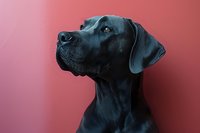 Profile of black Great Dane dog against vibrant coral red background, showcasing noble expression and sleek coat for pet photography.