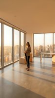 Professional businesswoman in modern office space with floor-to-ceiling windows overlooking urban skyline during golden hour sunset lighting.