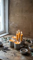 Lit orange and yellow candles in concrete holders arranged on wooden surface with dried lavender, herbs, and natural elements near window with rustic brick wall background.