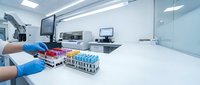 Medical laboratory technician in blue gloves handling test tube samples in modern sterile research facility for scientific analysis and diagnostics.
