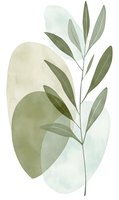 Minimalist olive branch with green leaves against abstract watercolor shapes in soft neutral tones, perfect for modern botanical wall art.