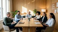 Diverse business team meeting in modern conference room with natural wood paneling and large windows creating warm professional atmosphere.