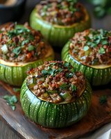 Round zucchini squash stuffed with seasoned ground meat, vegetables and fresh herbs served on wooden cutting board, close up view of homemade healthy dinner.