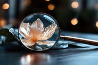 Delicate peach flower seen through magnifying glass with bokeh lights in background, creating magical optical effect on dark surface with soft focus.