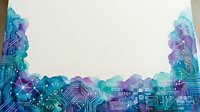 Digital technology landscape with circuit board patterns and data network elements in turquoise and purple gradients. Isolated design suitable for tech backgrounds, web graphics, and digital innovation presentations.