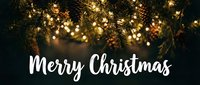 Merry Christmas greeting card with glowing bokeh lights, pine branches, and cones on dark background, festive holiday banner design.