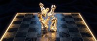 Golden chess pieces king and queen standing on illuminated chessboard with dramatic lighting for luxury gaming and strategy concepts.