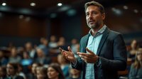 Confident middle-aged Caucasian male business speaker in suit jacket presenting at conference auditorium, gesturing while giving motivational speech to audience.