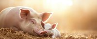 Mother pig and piglet sleeping together on golden straw at sunset, creating tender farming moment with warm sunlight and soft bokeh background.