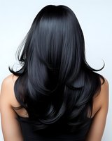 Young Asian woman with long layered black hair shown from behind, demonstrating healthy, shiny hair texture and professional salon styling result.