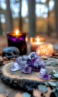 Mystical altar setting with raw amethyst crystals, glowing candles and decorative skull on wooden surface, creating spiritual atmosphere for meditation practice.