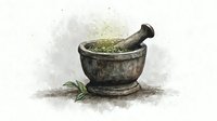 Stone mortar and pestle with fresh herbs and scattered green leaves, watercolor style artwork on textured background for natural medicine and culinary concepts.