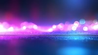 Vibrant neon bokeh lights create dreamy atmosphere with pink and blue gradient background, glowing particles and blurred circles floating above sparkling surface.