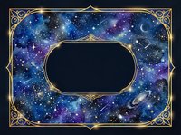Ornate golden frame with cosmic galaxy background featuring stars, nebula and crescent moon. Elegant border design for certificates, invitations or decorative purposes.