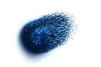Digital fingerprint scan with glowing blue particles on white background, representing biometric security and personal identification technology.