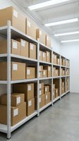 Modern warehouse interior with organized cardboard boxes on metal shelving units for efficient storage and logistics operations.