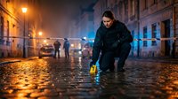 Crime scene investigator collecting evidence on wet cobblestone street at night with police cars and officers in background during urban investigation.