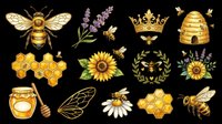 Honey bee clipart set isolated on transparent background, featuring bees, honeycombs, sunflowers, lavender, crown, hive, and jar for stickers, t-shirt design, print on demand.