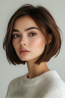 Young Asian woman with short brown bob hairstyle wearing white knit sweater against light background. Natural makeup with coral lips and glowing skin.