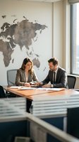 Professional businesswoman and businessman in formal suits discussing documents at modern office conference table with world map wall art.