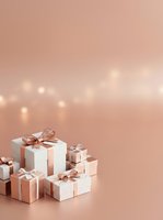 White and rose gold gift boxes with ribbons arranged on soft pink background with bokeh lights, suitable for holiday, birthday, and celebration marketing materials.