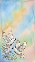 Watercolor illustration of two white doves flying with olive branches against soft pastel gradient sky in shades of blue, yellow, and pink. Suitable for peace, love, and spiritual designs.