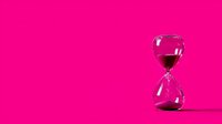 Glass hourglass with black sand on vibrant pink background symbolizing time management, deadlines and business productivity concepts.