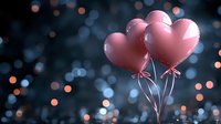 Pink heart-shaped balloons floating against dark bokeh background with glowing lights, romantic atmosphere for Valentine's day celebrations and love concepts.
