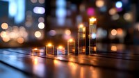 Glowing bar graph chart with candles showing business growth concept against blurred city lights background with bokeh effect at night.