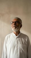 Senior man with gray hair and beard wearing eyeglasses and white button-up shirt against neutral beige wall, suitable for healthcare, business, professional portraits, and lifestyle editorial use.