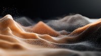 Surreal desert landscape with flowing sand dunes and misty atmosphere creates mysterious abstract terrain formation in orange and black tones for artistic backgrounds.