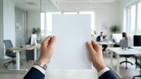 Male professional in business attire holding blank white paper in modern office environment with colleagues working at desks in background, suitable for corporate messaging.