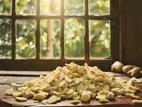 Fresh ginger root sliced and chopped on rustic wooden surface near window with soft natural bokeh background and warm sunlight filtering through.