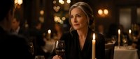 Elegant mature blonde woman enjoying red wine at upscale restaurant with warm candlelight ambiance for romantic dinner date or business meeting.