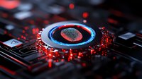 Futuristic fingerprint scanner with red and blue glowing elements on dark circuit board background, representing digital security and biometric authentication technology.