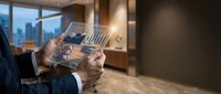 Businessman analyzing financial data on transparent tablet with holographic charts and graphs in modern office with city skyline view for business analytics.