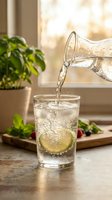 Water pouring from pitcher into glass with lemon slice, fresh mint leaves, and potted plant on windowsill for beverage and wellness content.