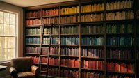 Cozy home library with floor-to-ceiling bookshelves filled with colorful books arranged by color gradient creating rainbow effect in reading room.
