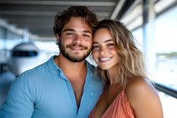 Young diverse couple smiling together, man with beard in blue shirt and woman with wavy blonde hair in coral top, against blurred modern interior background.