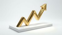 Golden arrow chart showing upward growth trend on white platform isolated on light background for business success presentations.